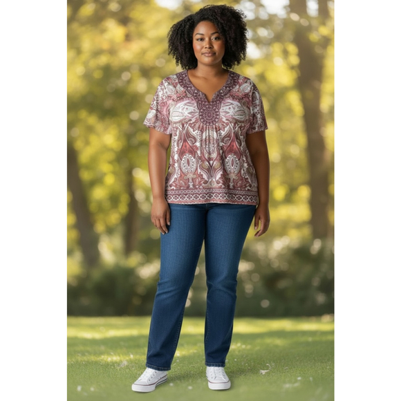 APT. 9 Tops - Women's APT. 9 Short Sleeve Tee Plus 2X White Burgundy Paisley
